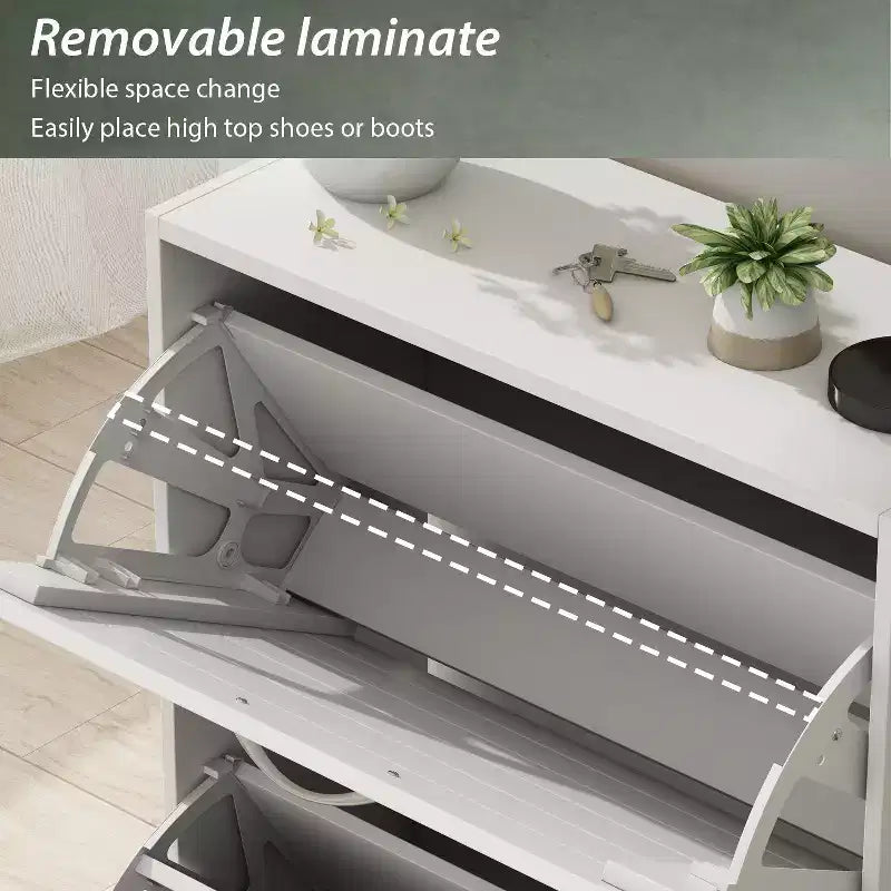 Zapatero de 3 niveles con diseño hueco y puertas abatibles, con capacidad para 18 pares, blanco