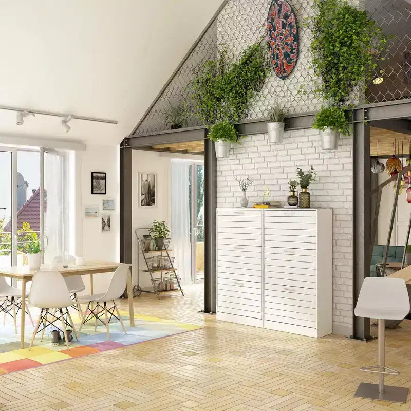 Zapatero de 3 niveles con diseño hueco y puertas abatibles, con capacidad para 18 pares, blanco