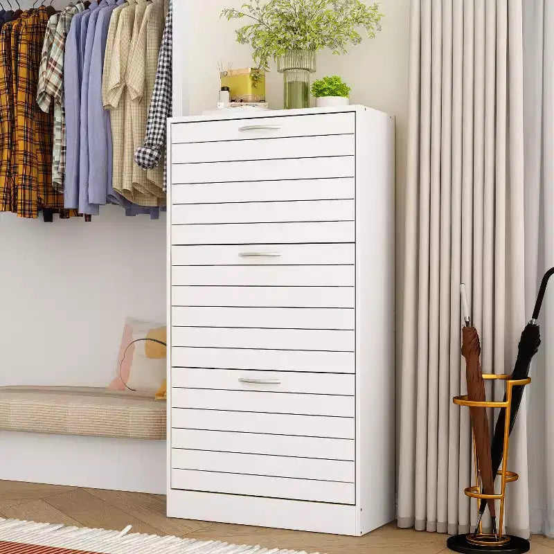 Zapatero de 3 niveles con diseño hueco y puertas abatibles, con capacidad para 18 pares, blanco