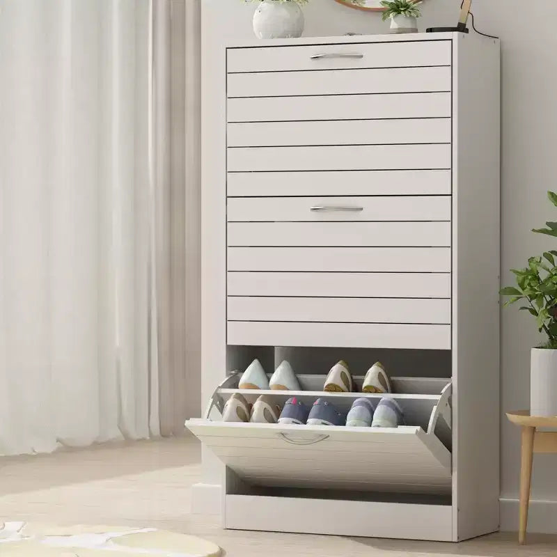 Zapatero de 3 niveles con diseño hueco y puertas abatibles, con capacidad para 18 pares, blanco