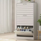 Zapatero de 3 niveles con diseño hueco y puertas abatibles, con capacidad para 18 pares, blanco