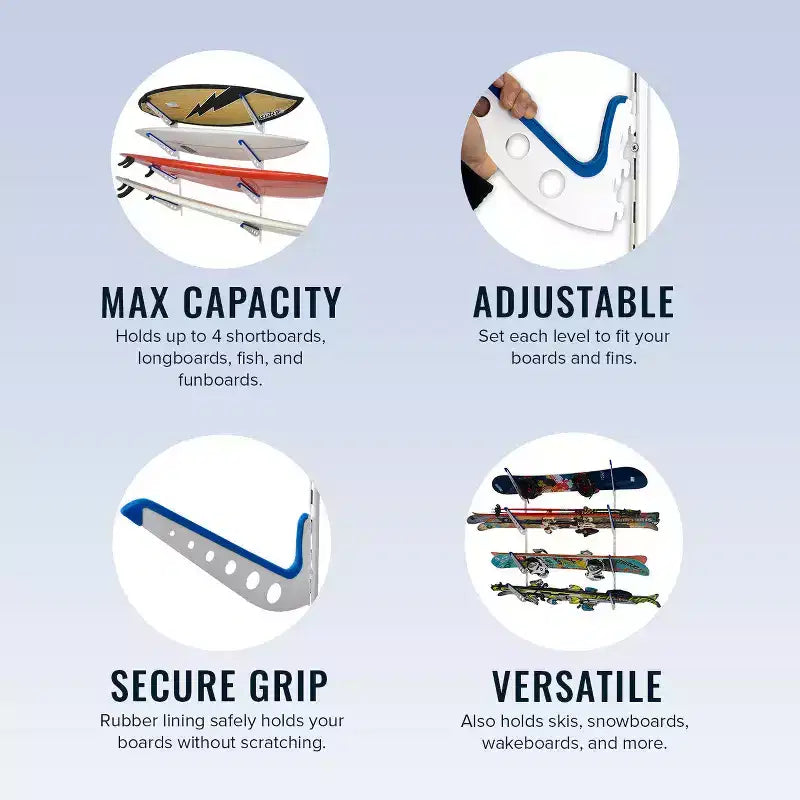Estante ajustable Outerbanks XSR de 4 niveles para almacenamiento de tablas de surf de pared