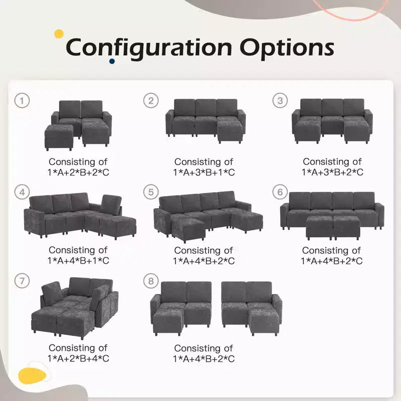 Sofá modular seccional de 7 piezas con almacenamiento oculto y puerto de carga USB, Chenille