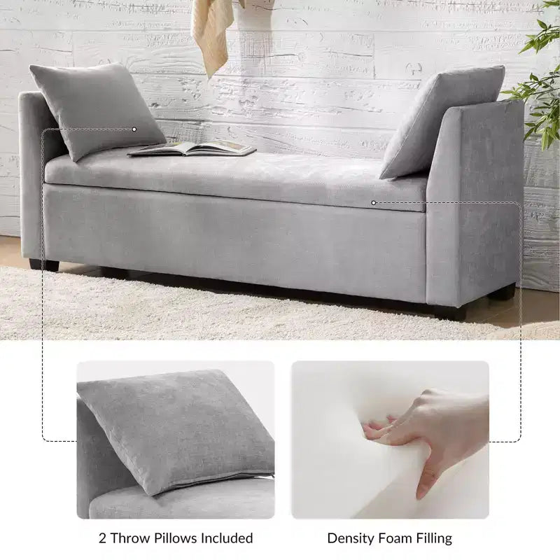 Banco de almacenaje tapizado Amelia de 60" con patas de madera de caucho y 2 cojines decorativos