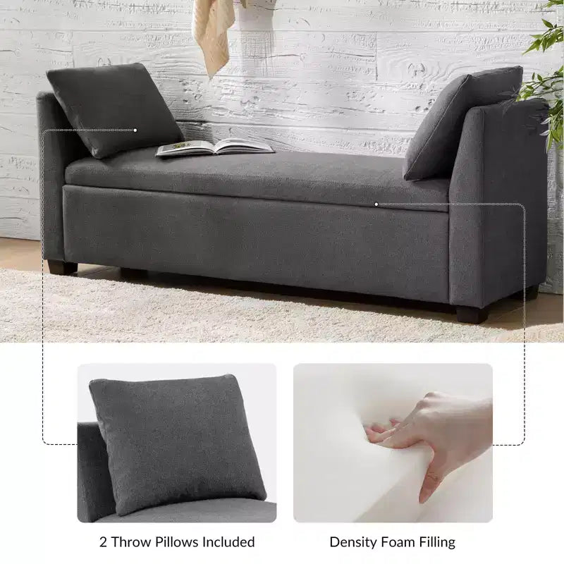Banco de almacenaje tapizado Amelia de 60" con patas de madera de caucho y 2 cojines decorativos