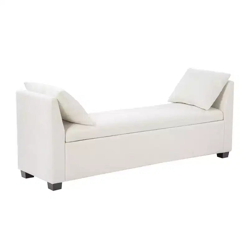 Banco de almacenaje tapizado Amelia de 60" con patas de madera de caucho y 2 cojines decorativos