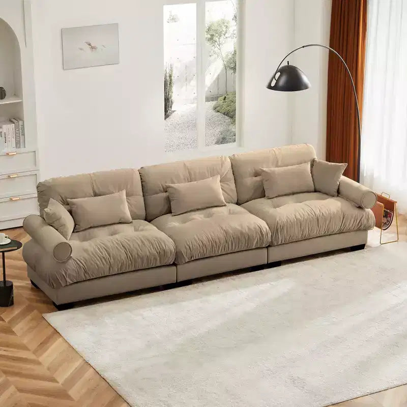 Sofá de terciopelo moderno Crane de 130" de 3 plazas con reposabrazos tipo bolster y 3 cojines