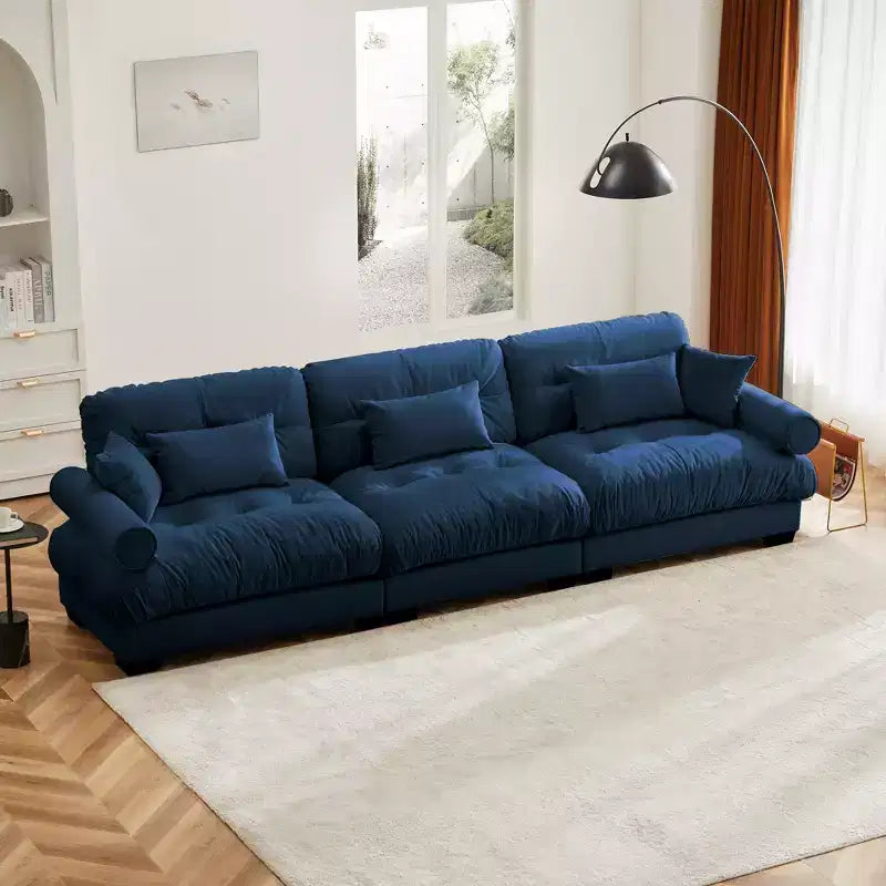 Sofá de terciopelo moderno Crane de 130" de 3 plazas con reposabrazos tipo bolster y 3 cojines