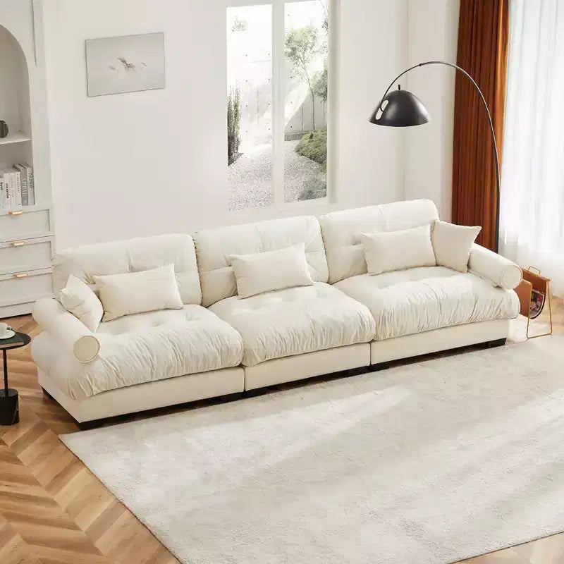 Sofá de terciopelo moderno Crane de 130" de 3 plazas con reposabrazos tipo bolster y 3 cojines