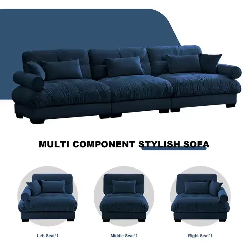 Sofá de terciopelo moderno Crane de 130" de 3 plazas con reposabrazos tipo bolster y 3 cojines