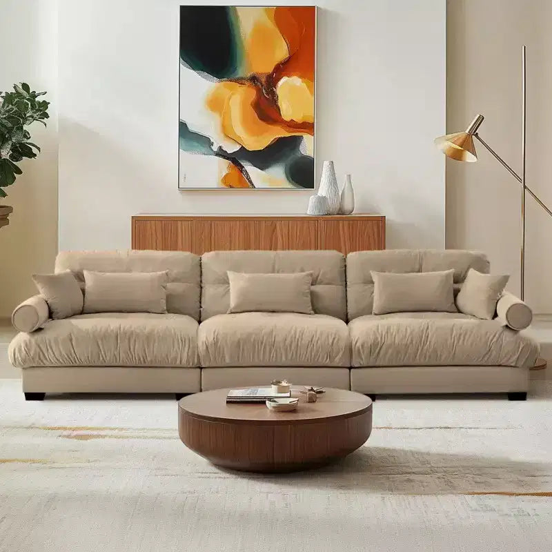 Sofá de terciopelo moderno Crane de 130" de 3 plazas con reposabrazos tipo bolster y 3 cojines