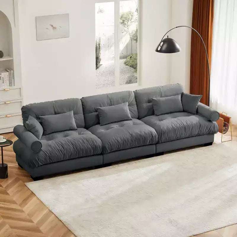 Sofá de terciopelo moderno Crane de 130" de 3 plazas con reposabrazos tipo bolster y 3 cojines