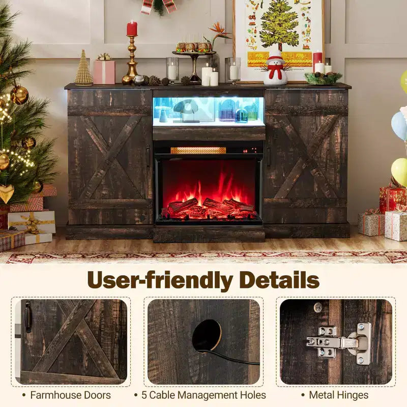 Mueble de TV de 58" para chimenea con chimenea eléctrica de cristal de 3 caras de 23" y luces LED de 20 colores