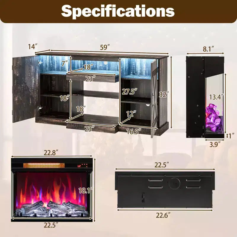 Mueble de TV de 58" para chimenea con chimenea eléctrica de cristal de 3 caras de 23" y luces LED de 20 colores