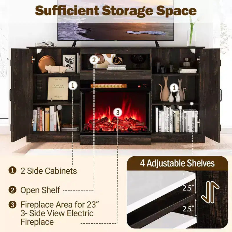 Mueble de TV de 58" para chimenea con chimenea eléctrica de cristal de 3 caras de 23" y luces LED de 20 colores