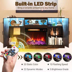 Mueble de TV de 58" para chimenea con chimenea eléctrica de cristal de 3 caras de 23" y luces LED de 20 colores