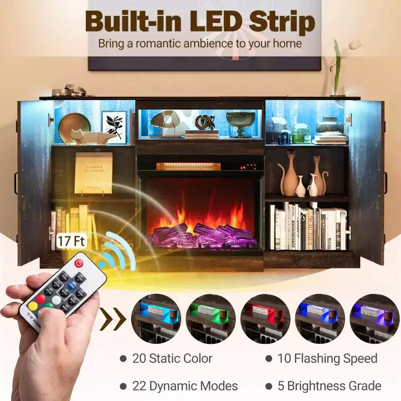 Mueble de TV de 58" para chimenea con chimenea eléctrica de cristal de 3 caras de 23" y luces LED de 20 colores