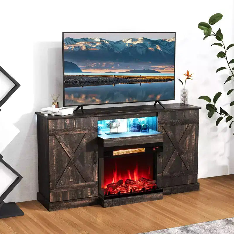 Mueble de TV de 58" para chimenea con chimenea eléctrica de cristal de 3 caras de 23" y luces LED de 20 colores