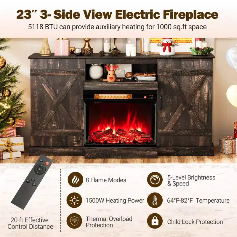 Mueble de TV de 58" para chimenea con chimenea eléctrica de cristal de 3 caras de 23" y luces LED de 20 colores