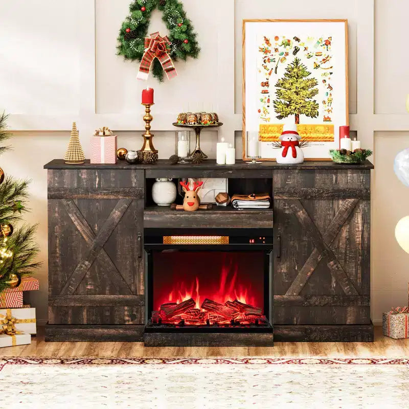 Mueble de TV de 58" para chimenea con chimenea eléctrica de cristal de 3 caras de 23" y luces LED de 20 colores