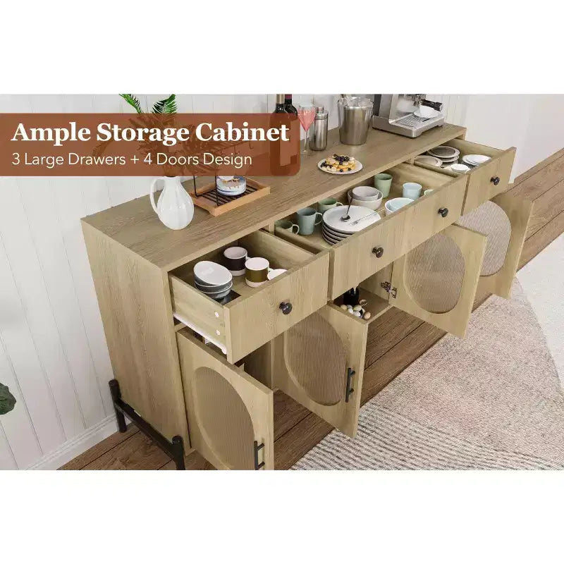 Aparador buffet grande de 62" con almacenamiento y 3 cajones, aparador para café con 4 puertas de vidrio