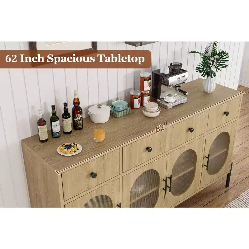 Aparador buffet grande de 62" con almacenamiento y 3 cajones, aparador para café con 4 puertas de vidrio