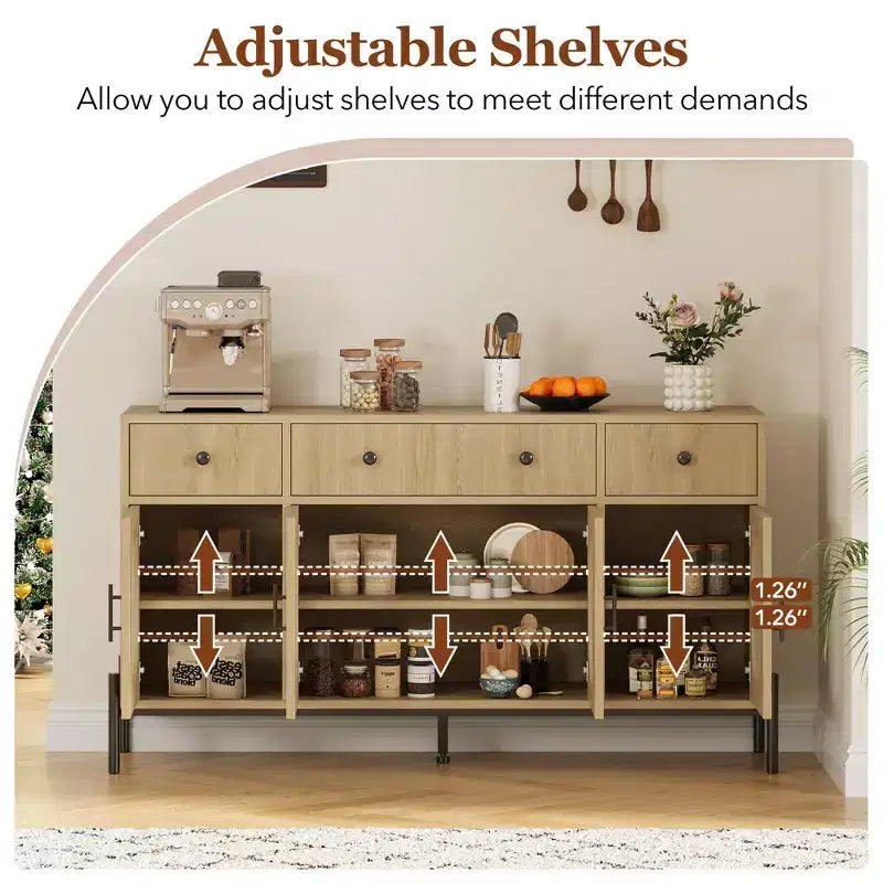 Aparador buffet grande de 62" con almacenamiento y 3 cajones, aparador para café con 4 puertas de vidrio