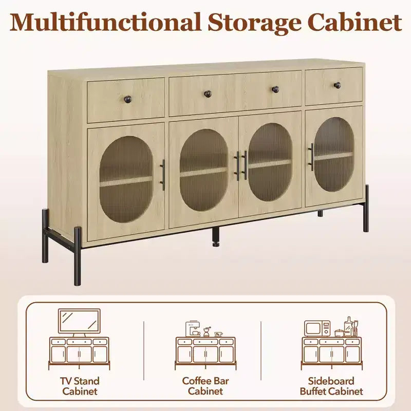 Aparador buffet grande de 62" con almacenamiento y 3 cajones, aparador para café con 4 puertas de vidrio