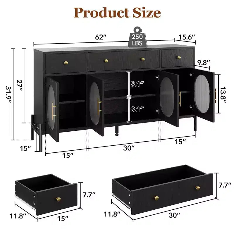 Aparador buffet grande de 62" con almacenamiento y 3 cajones, aparador para café con 4 puertas de vidrio