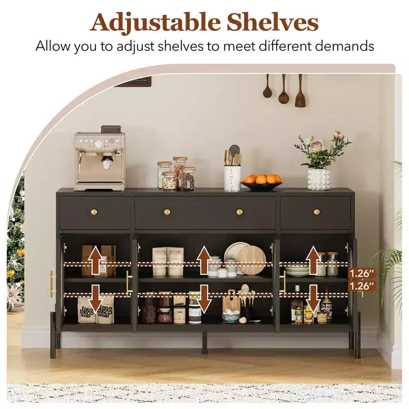 Aparador buffet grande de 62" con almacenamiento y 3 cajones, aparador para café con 4 puertas de vidrio