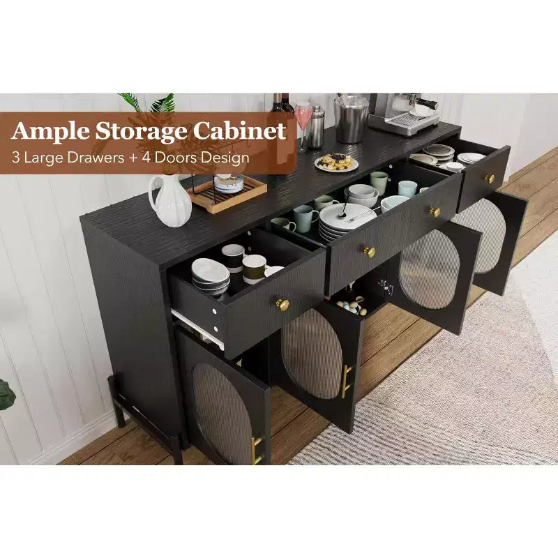 Aparador buffet grande de 62" con almacenamiento y 3 cajones, aparador para café con 4 puertas de vidrio