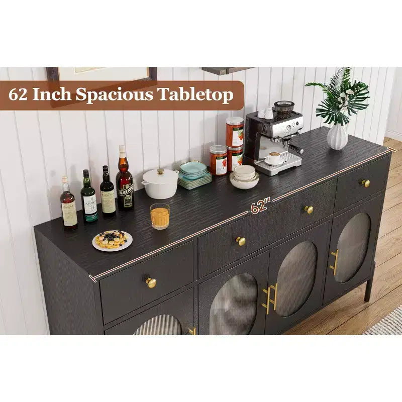 Aparador buffet grande de 62" con almacenamiento y 3 cajones, aparador para café con 4 puertas de vidrio