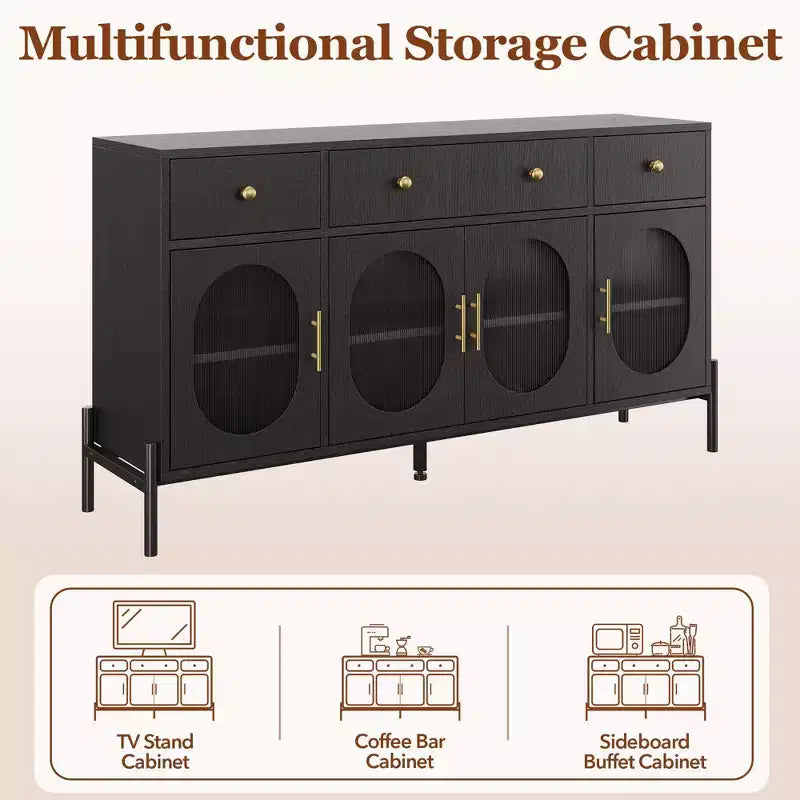 Aparador buffet grande de 62" con almacenamiento y 3 cajones, aparador para café con 4 puertas de vidrio