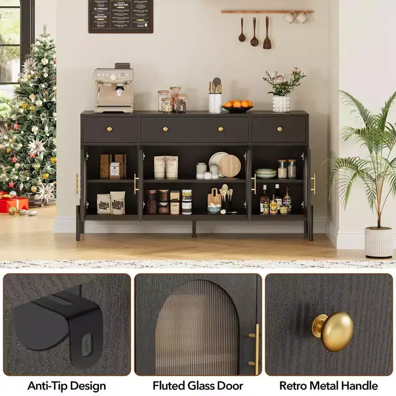 Aparador buffet grande de 62" con almacenamiento y 3 cajones, aparador para café con 4 puertas de vidrio