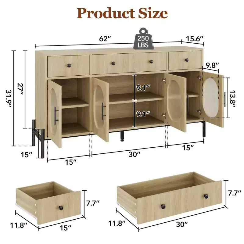 Aparador buffet grande de 62" con almacenamiento y 3 cajones, aparador para café con 4 puertas de vidrio