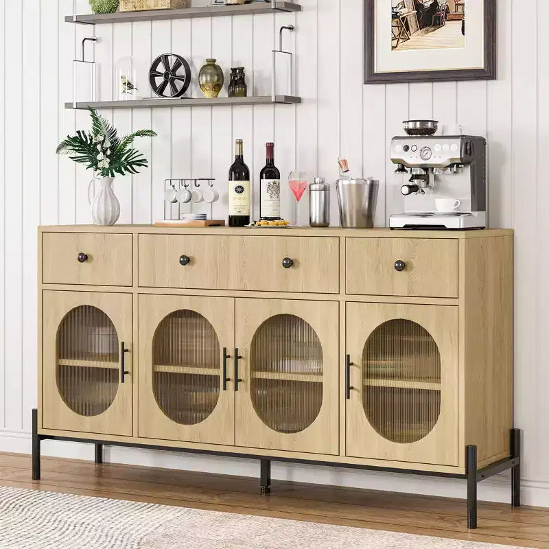 Aparador buffet grande de 62" con almacenamiento y 3 cajones, aparador para café con 4 puertas de vidrio
