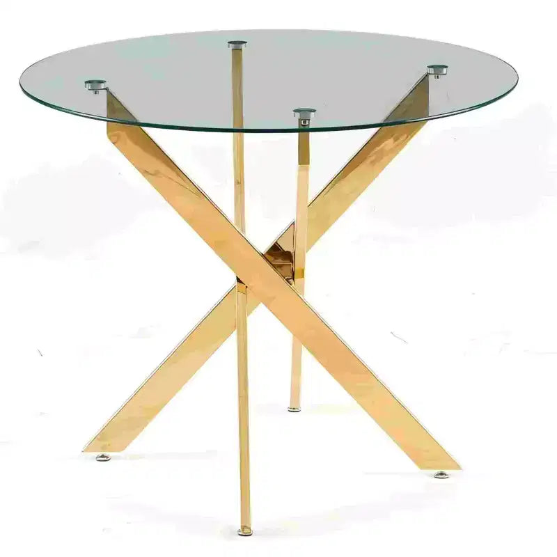 Mesa de comedor de cristal con patas metálicas cruzadas - Ahorra espacio, moderna