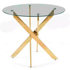 Mesa de comedor de cristal con patas metálicas cruzadas - Ahorra espacio, moderna