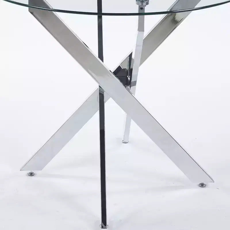 Mesa de comedor de cristal con patas metálicas cruzadas - Ahorra espacio, moderna