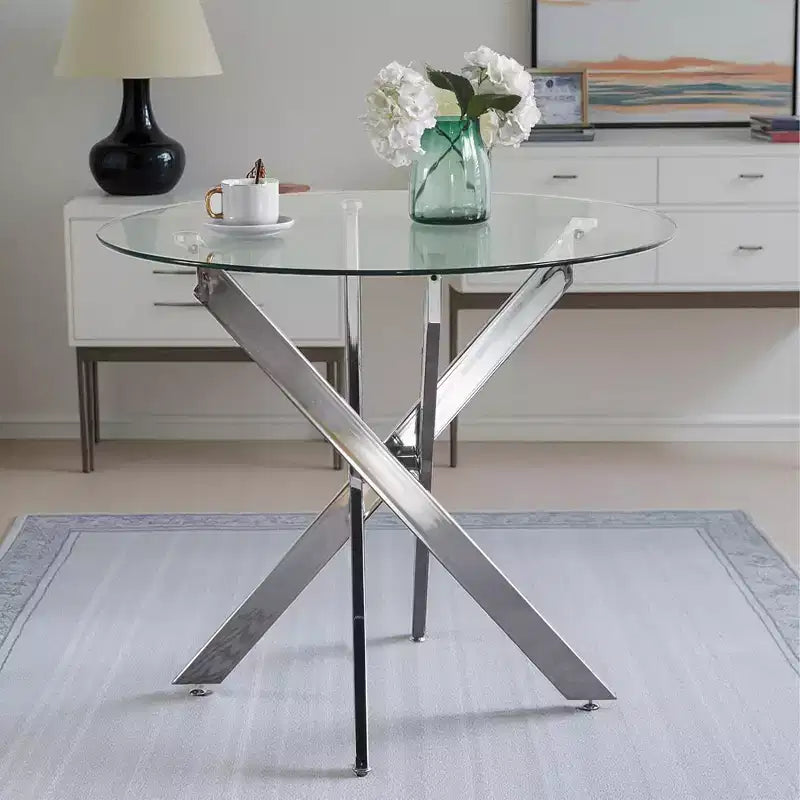 Mesa de comedor de cristal con patas metálicas cruzadas - Ahorra espacio, moderna