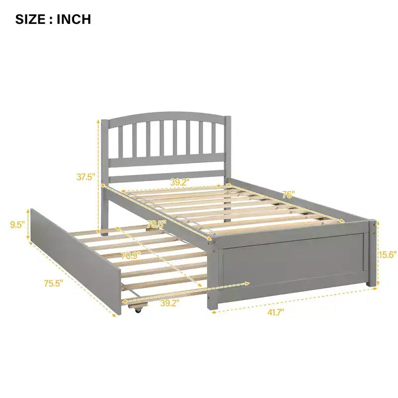Elegante cama plataforma individual con nido, madera maciza de pino