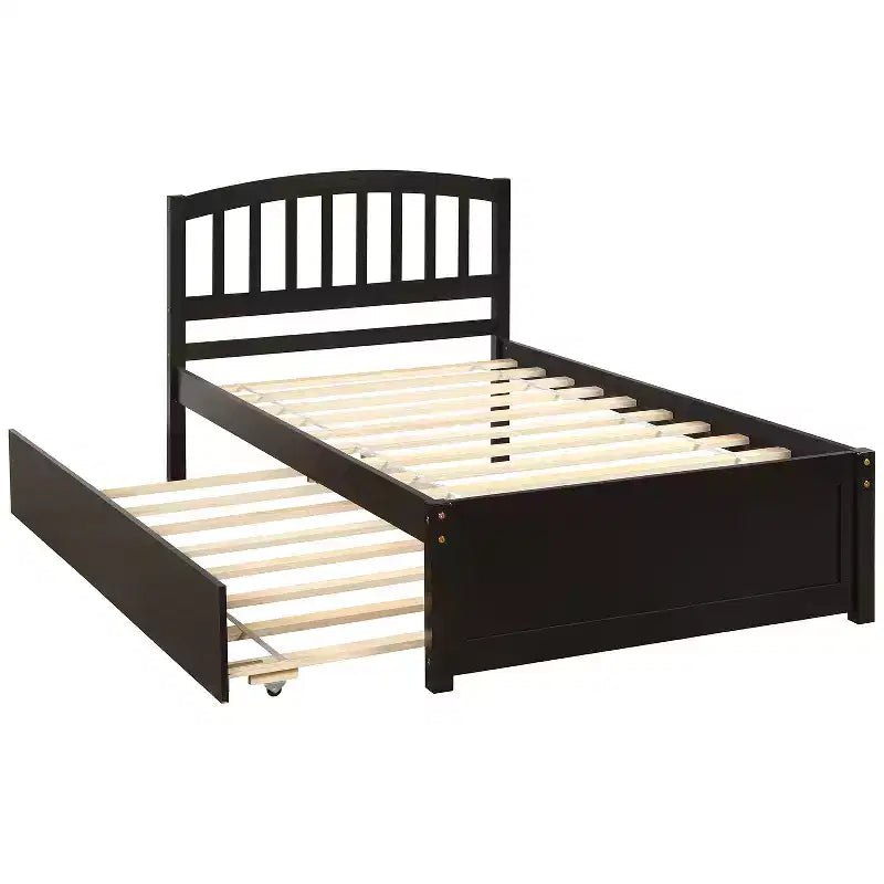 Elegante cama plataforma individual con nido, madera maciza de pino