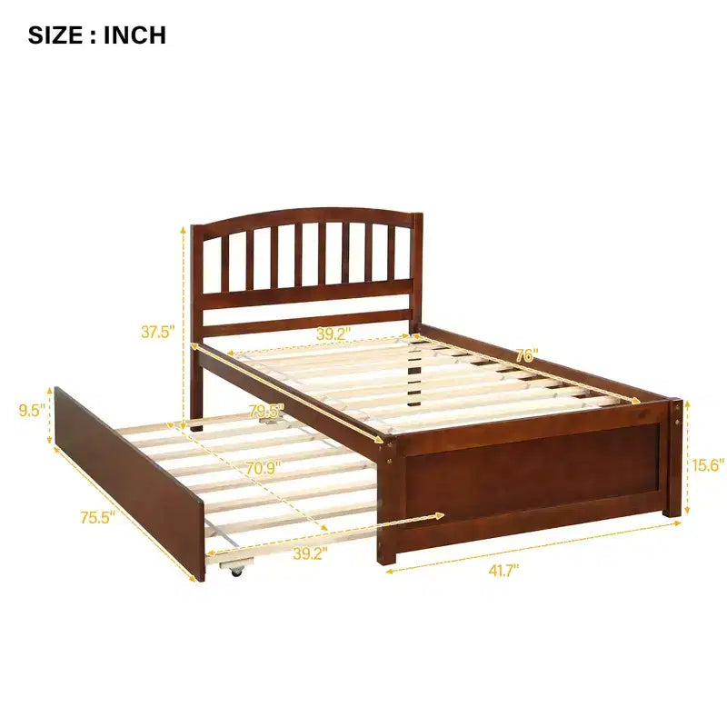 Elegante cama plataforma individual con nido, madera maciza de pino