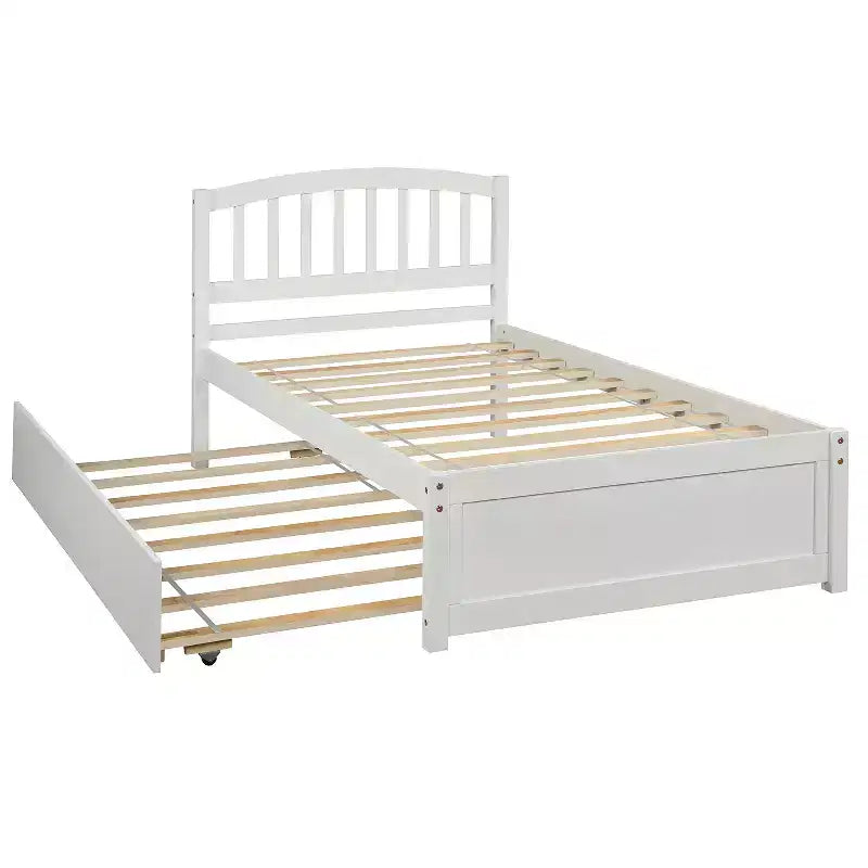Elegante cama plataforma individual con nido, madera maciza de pino