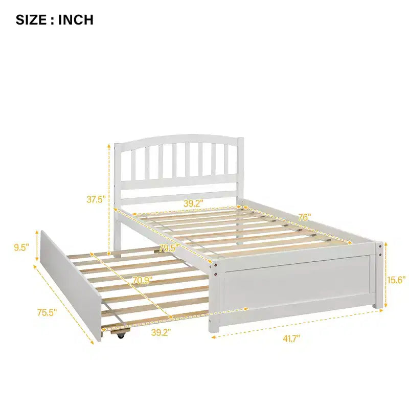 Elegante cama plataforma individual con nido, madera maciza de pino