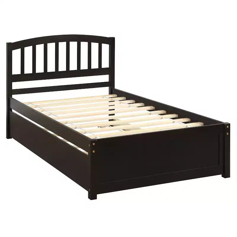 Elegante cama plataforma individual con nido, madera maciza de pino