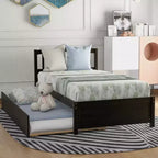 Elegante cama plataforma individual con nido, madera maciza de pino