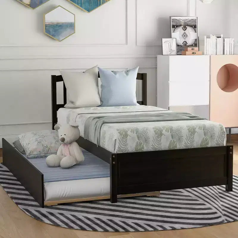 Elegante cama plataforma individual con nido, madera maciza de pino