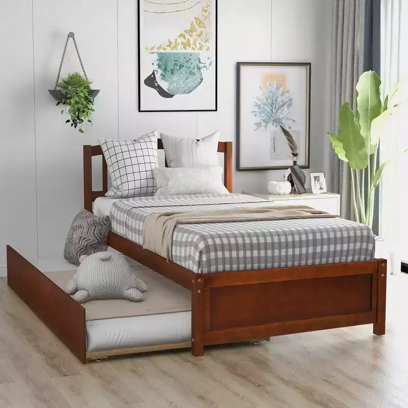 Elegante cama plataforma individual con nido, madera maciza de pino