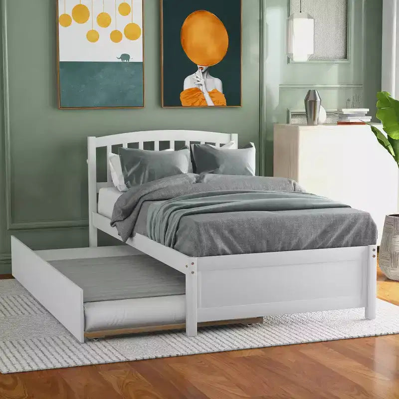 Elegante cama plataforma individual con nido, madera maciza de pino